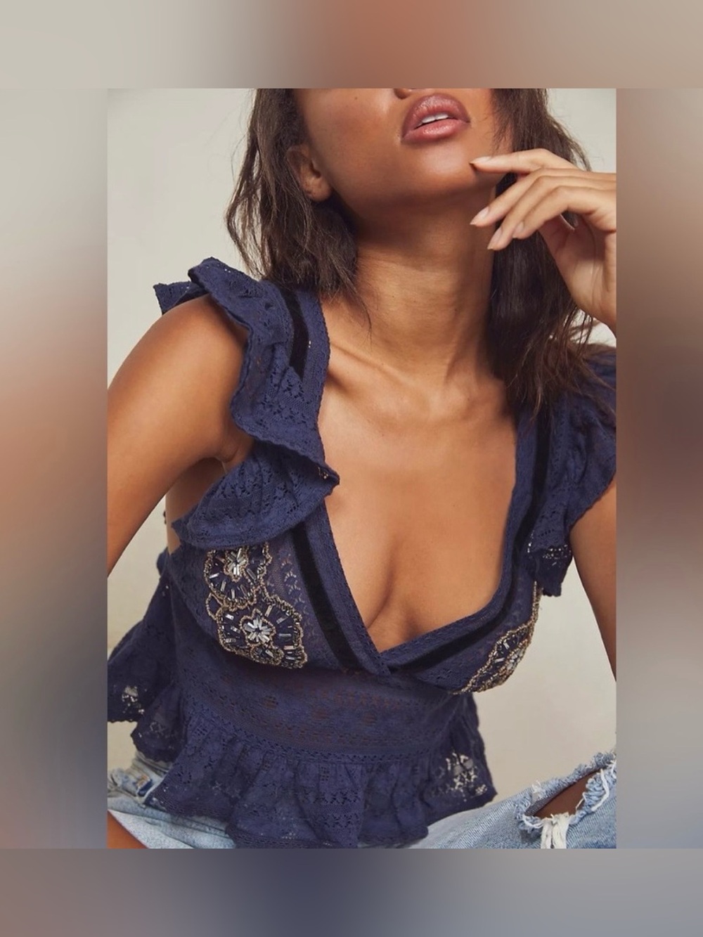 Free People Navy Blue Lace Embroidered Ruffle Camisole